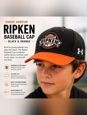 Under Armour Ripken Baseball Cap in Black and Orange Youth